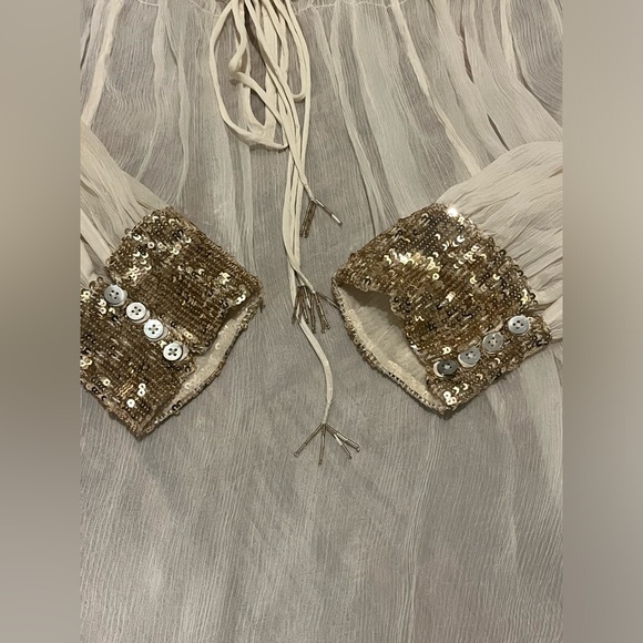 Free People Ivory Dream Sheer Split Neck Chiffon Sequin Cuff Boho Blouse Shirt S - Picture 7 of 8
